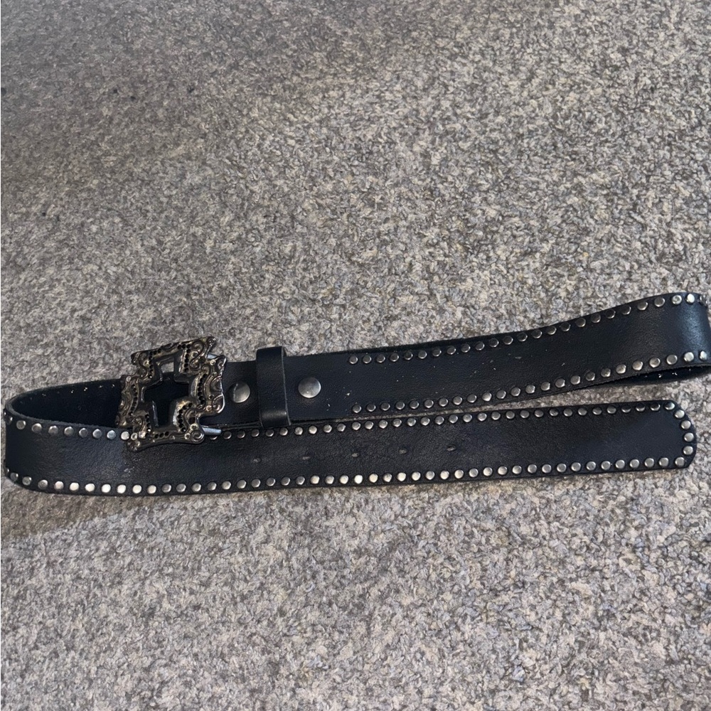 Black Studded Leather Belt W/ Cross Belt Buckle